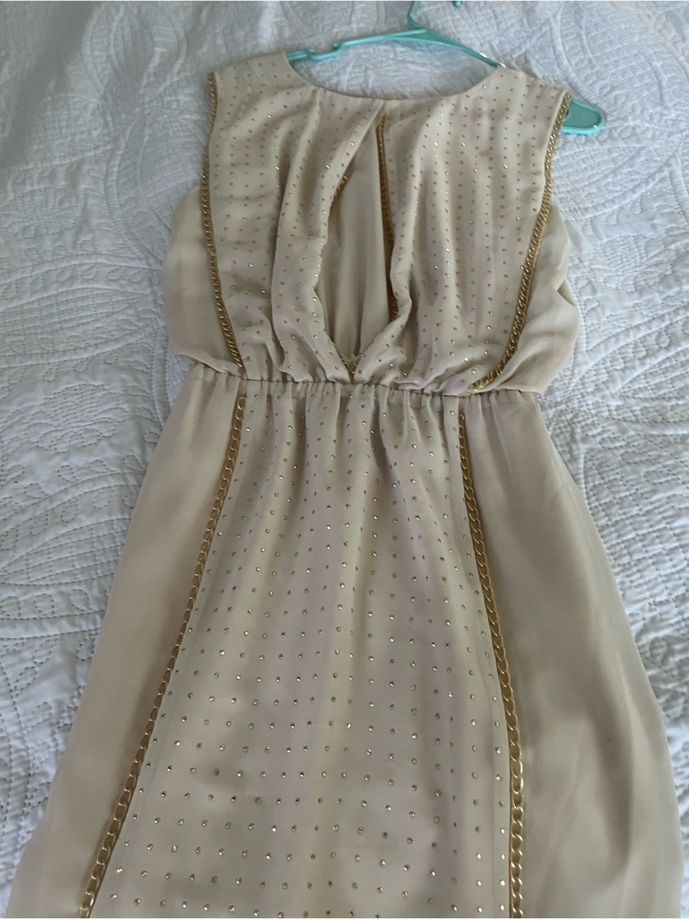 bebe Cream Mini Dress with Gold Chain and Studs